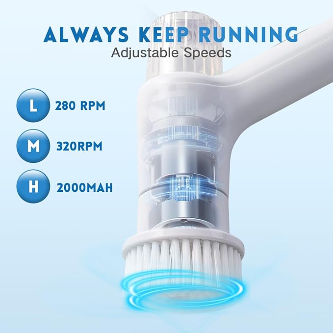 Electric Spin Scrubber,Spray with Foam Cordless Cleaning Brush, 2-Speed Shower Scrubber, Shower Cleaning Brush with 9 Replaceable Brush Heads, Adjustable Removable Handle for Bathroom（White & Grey）