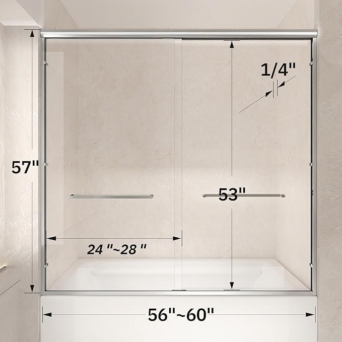 Tub Shower Door, 56-60" W x 57" H Semi-Frameless Bypass Double Sliding Bathtub Door with 1/4 inch Clear Tempered Glass for Walk in Shower, Chrome