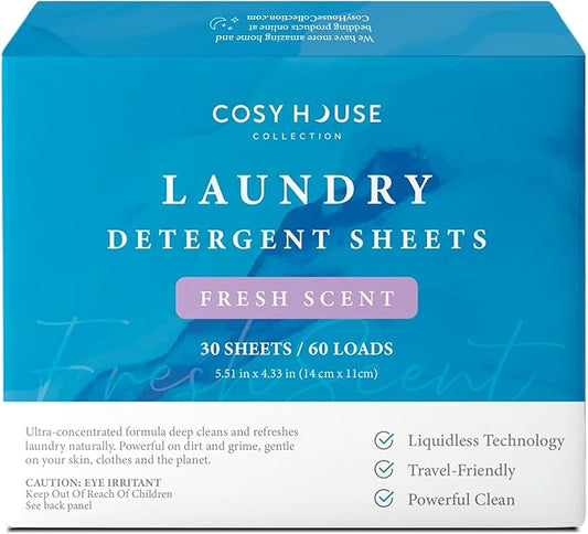 Cosy House Collection Laundry Detergent Sheets – Fresh Scent, 30 Sheets for 60 Loads, Travel-Friendly & Liquidless Technology, Powerful Cleaning