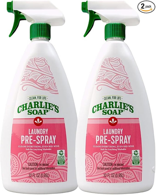 Charlie’s Soap Laundry Pre-Spray with Spray Top 32 Fl. Oz Bottle, Pack of 2, Natural Laundry Pretreat and Stain Remover – Powerful and Eco-Friendly