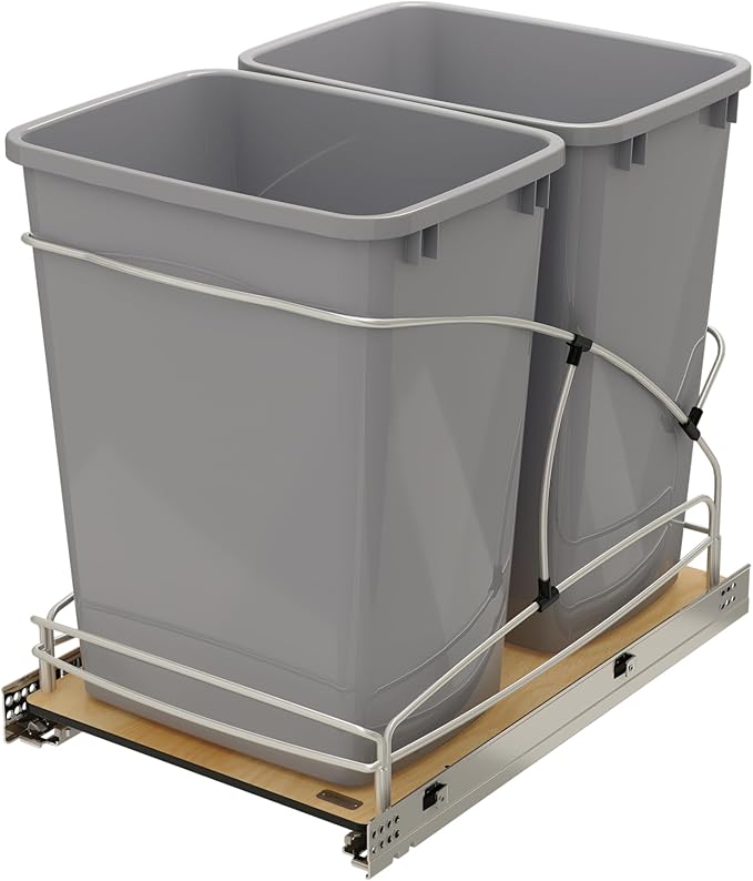 Rev-A-Shelf Steel Bottom Mount Double 35 Quart 8.75 Gallon Waste Bin Trash Container for Under Kitchen Cabinet with Soft Close, Gray, 54WC-1835SC-17-1