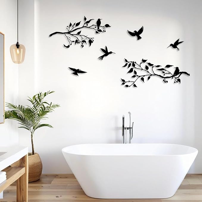 Harikikochuu 4PCS Metal Birds Wall Decor, Birds on the Branch Metal Silhouette Art, Black Leaves with Bird Outdoor Hanging Wall Sculpture for Home Office Balcony Garden Decor.（Hummingbirds）