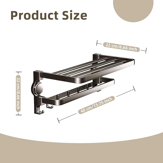 Aluminum Alloy Suction Cup Towel Rack, Bathroom Storage Shelf, No-Drill Mounting (Small)