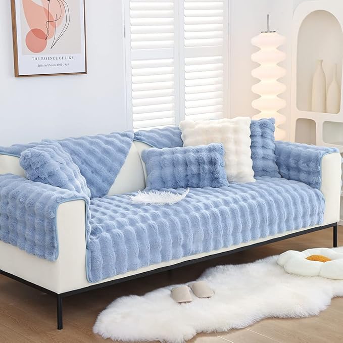 Soft Warm Faux Fur Couch Sofa Cover Thick Shaggy Fuzzy Sectional Couch Cover Non-Slip Solid Color Plush Sofa Slipcover Furniture Protector for Kids, Pets (Light Blue,36"x82")