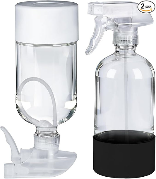 2 Pack 360° Glass Spray Bottles with Silicone Sleeve, 16 oz Empty Refillable Containers with Adjustable Spray Nozzles, Spray Bottles for Hair, Cleaning Solutions and Plants Black&White