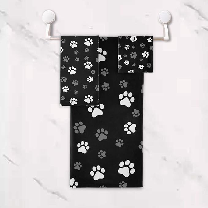 3 Piece Black White Grey Dog Paw Print Bath Towel Set,Microfiber Decorative Cute Puppy Animal Footprints Bathroom Towels,1 Bath Towel 1 Hand Towel for Bathroom Kitchen,1 Washcloth for Face