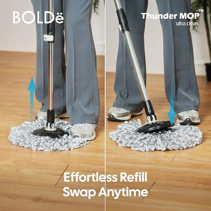 Thunder MOP Spin System - Ultra Clean - Single Bucket Microfiber Head, Stainless Steel Wringer, Antifungal Quick-Dry Cleaning, Soap Dispenser, 3 Free Refills (Black/Red)