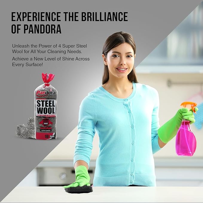 Pandora Steel Wool #4 – Extra Coarse Grade, 48 Pads for Tough Cleaning - Metal Strands - Ideal for Removing Stubborn Paint, Rust, Dirt, and Varnish