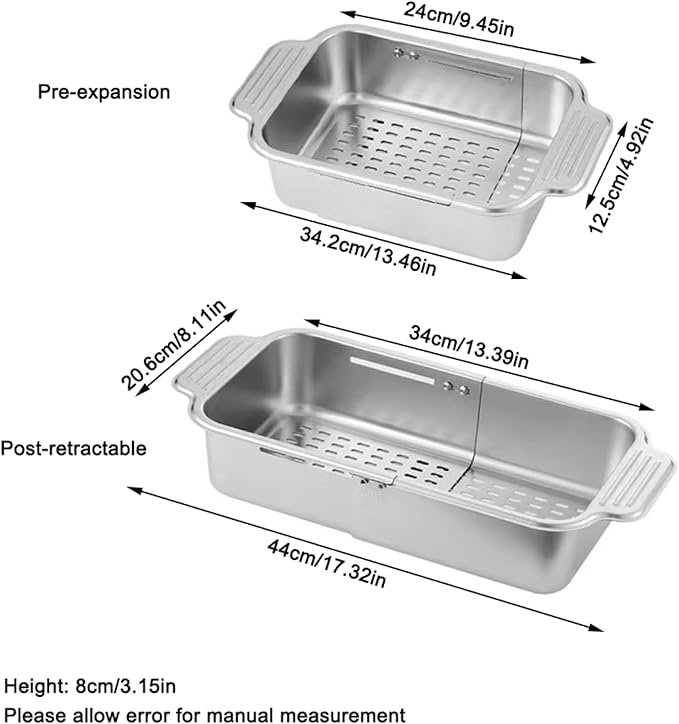 Stainless Steel Extendable Colander Strainer, Metal Washing Basket for Vegetable and Fruit, Easy to Clean, Drain Quickly (L)