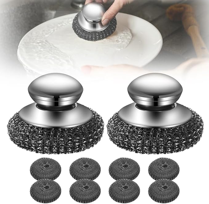 Stainless Steel Wool Scrubber with Handle,2025 New Steel Wool Scrubber with Handle,Replaceable Steel Brush Wool Pads,Detachable Metal Scrubber for Dishes,Iron Pots,Stoves (Scrubber Set/10pcs)