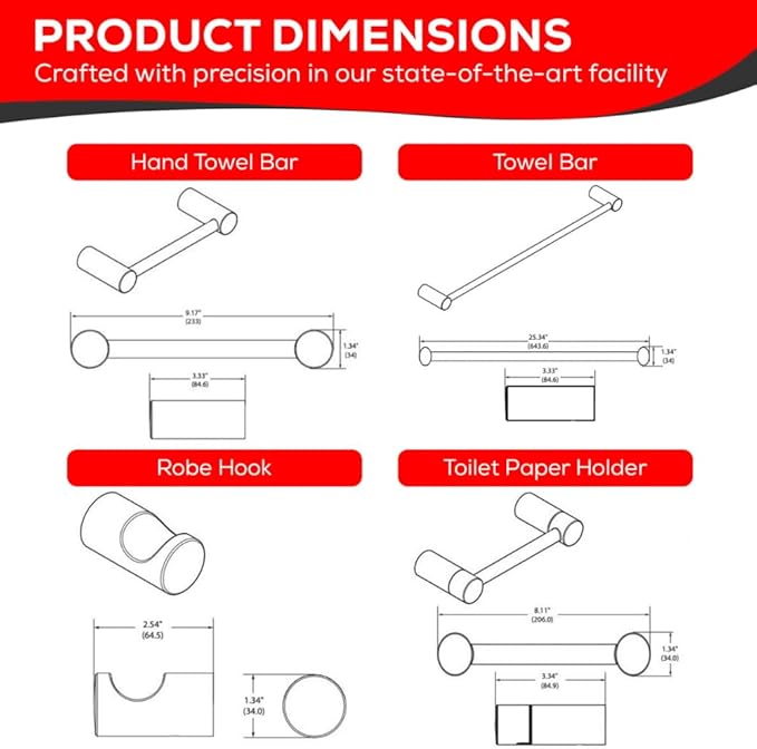 Contemporary Design 4-Piece Bathroom Hardware Accessory Set, Bathset 24 Inch Towel Bar, Hand Towel Bar, Toilet Paper Holder and Robe Hook, Rack Set Wall Mounted (Chrome, 4 Piece Set)