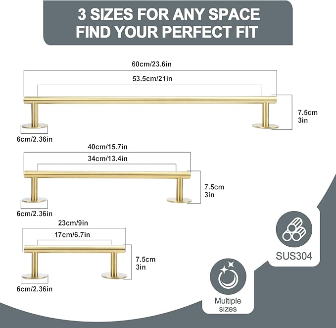 16 Inch #304 Stainless Steel Brushed Gold Towel Bar - Adhesive Kitchen Towel Holder & Bathroom Towel Rack, Wall Mount Towel Hangers for Bathroom & Door Towel Holder