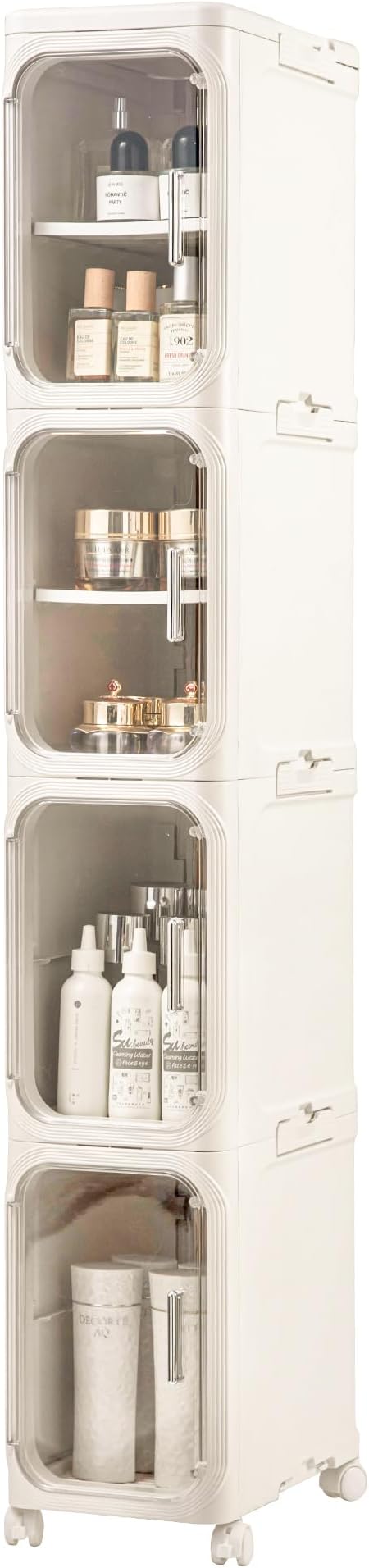4-Tier Slim Tall Narrow Bathroom Storage Cabinet with Adjustable Shelves and Movable Wheels, Magnetic Doors, Plastic Storage Cabinets and Organizers for Small Space, Cream White