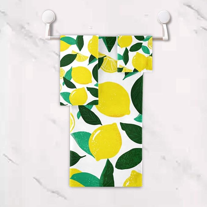 Pfrewn Fresh Lemon Towels Set of 3 Yellow Lemons Leaves Bathroom Towel Soft Absorbent Bath Hand Towels Washcloth Guest Towel Sets Bathroom Decorations