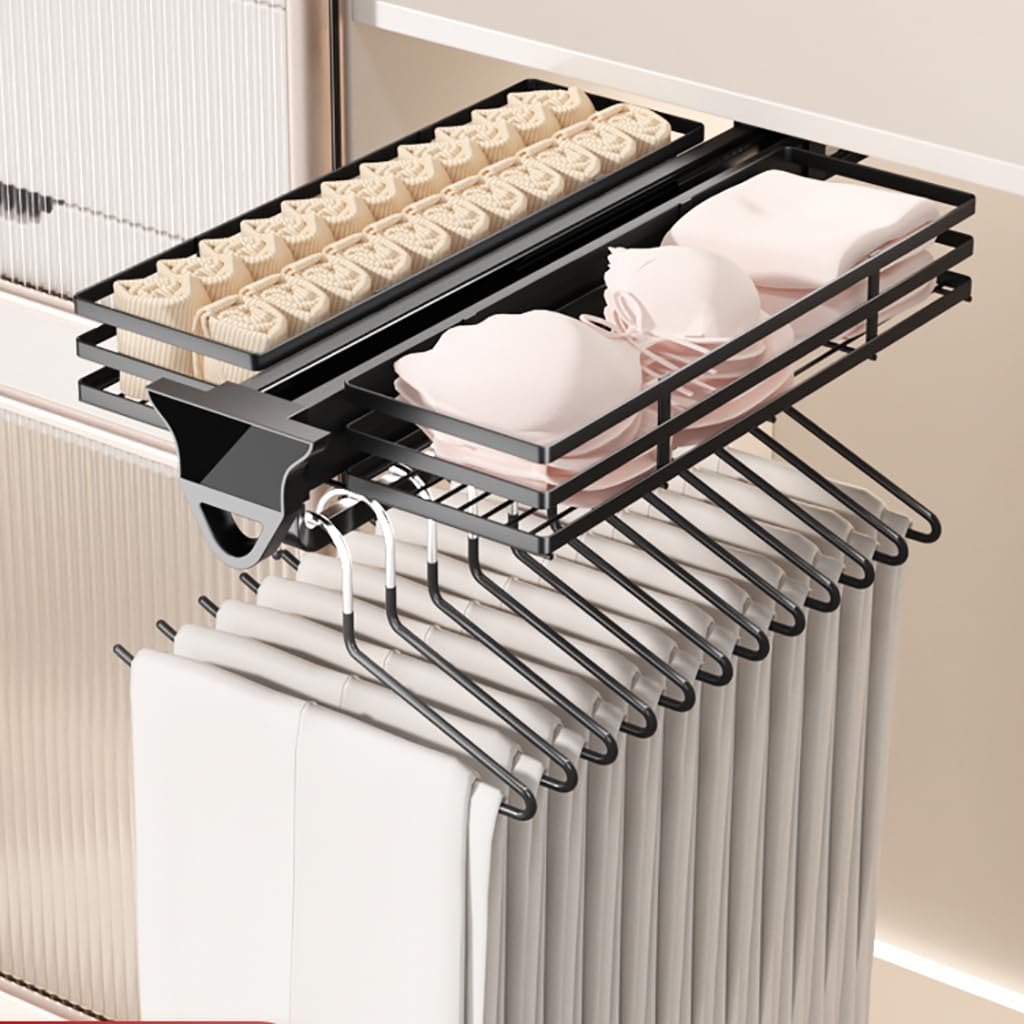 Pull Out Closet Rod with Basket, Closet Clothes Hanger Rail - Image 1