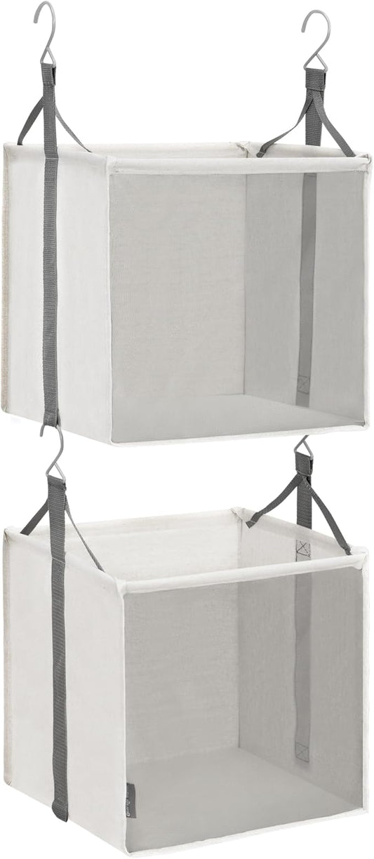 STORAGE MANIAC 2-Shelf Hanging Closet Organizer, Cloth Hanging Closet Shelf, Hanging Closets Baskets with Hooks for Dorm, Apt, Bedroom, College, Garment Rack, Wardrobe, Fabric with Mesh, Ivory