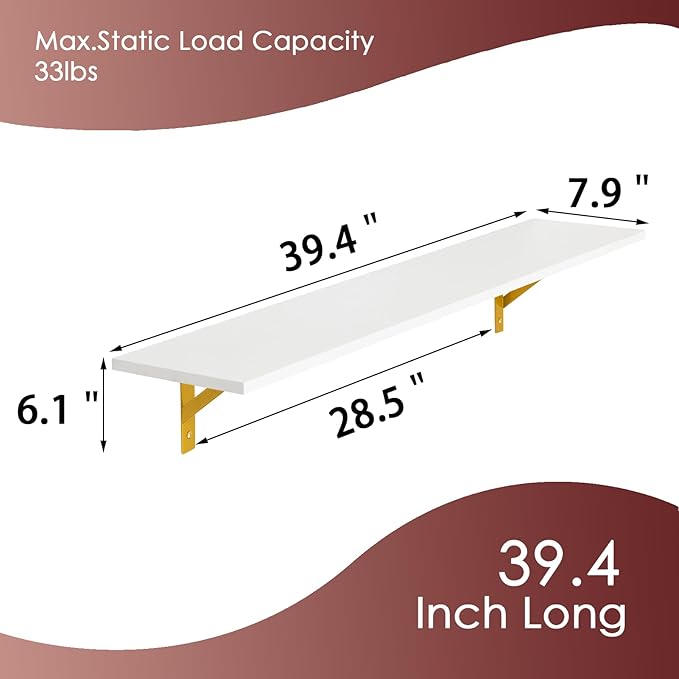 DINZI LVJ Long Wall Shelves, Set of 4, 39.4Inch Wall Mounted Shelves, Floating Shelves for Wall Storage with Metal Brackets, for Living Room, Bathroom, Bedroom, Kitchen, White and Gold