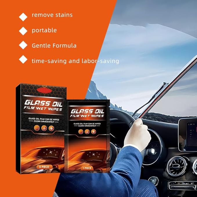Glass Oil Film Wet Wipes(5PIECE /box)，Glass Oil Film Remover for Car, Easy and Convenient to Use, Can be Wiped Clean Immediately, Improve Car Windshields and Windows Clarity for Safe Driving (2Pcs)