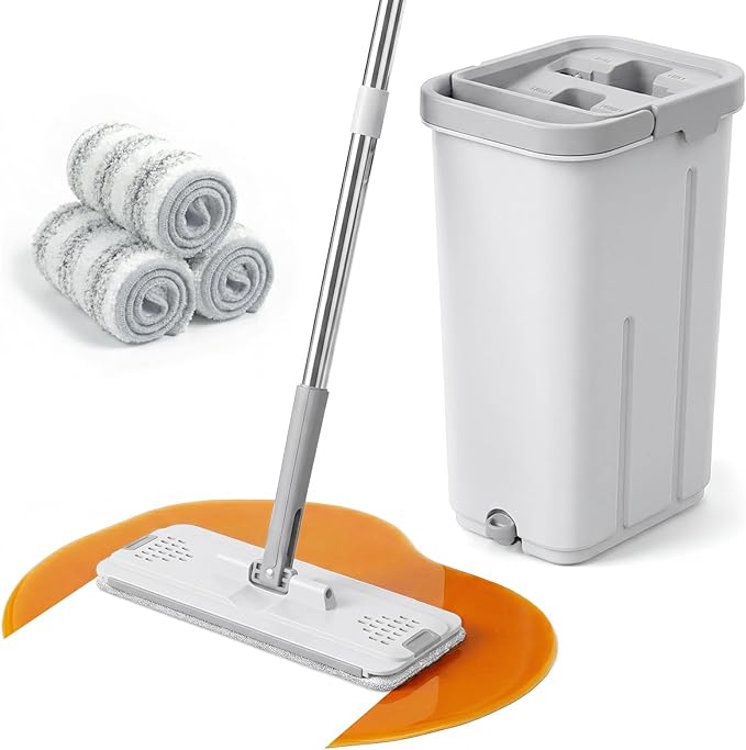 Mop and Bucket Set, Floor Mop and Bucket with Wringer Set, Wet and Dry Mop for Hardwood Floors, Vinyl, Tile, Baseboards and Walls (4 Washable Microfiber Pads Included)