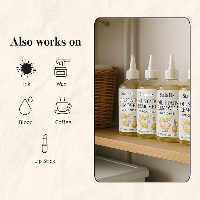 Instant Oil Stain Remover for Clothes (8.72oz) - Fabric Stain Remover For Cooking, Engine, Dried Oil And Grease Stains - Safe for All Fabric Types