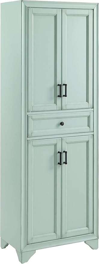 Crosley Furniture Tara Pantry Storage Cabinet with Shelves, Kitchen, Dining, or Laundry Room, Distressed Seafoam Blue