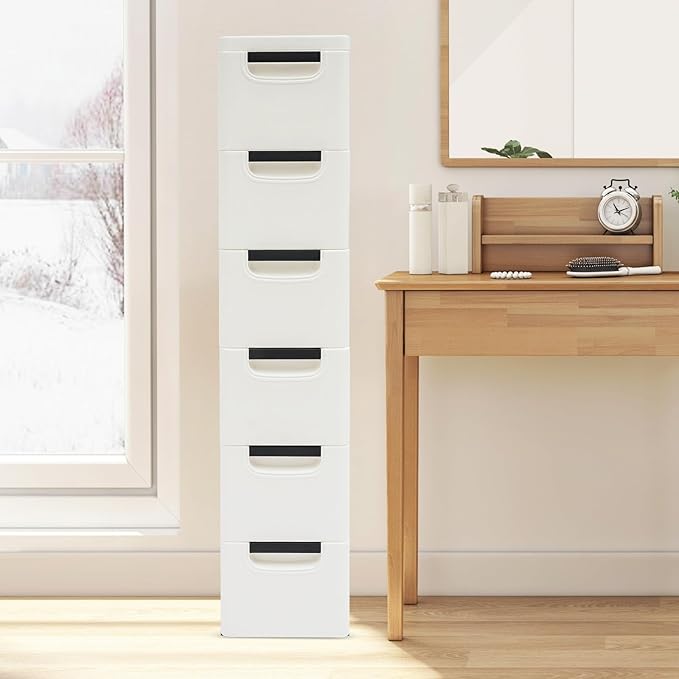 6 Drawers Narrow Slim Plastic Storage Cabinet,Storage Drawer with Wheels,6 Tier Drawers Dresser,Rolling Narrow Cabinet for Small Spaces Bathroom Kitchen Bedroom Living Room,White