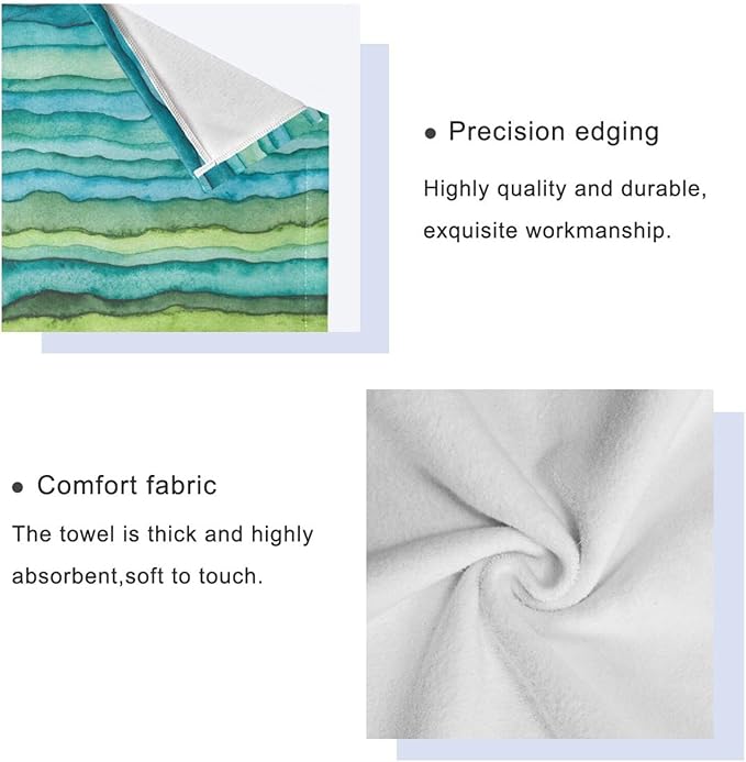 Teal Blue Green Bath Towel Set - 3 Piece Soft Absorbent Watercolor Sea Wave Striped (1 Bath, 1 Hand, 1 Washcloth) - Decorative for Bathroom, Shower, Hair, Face