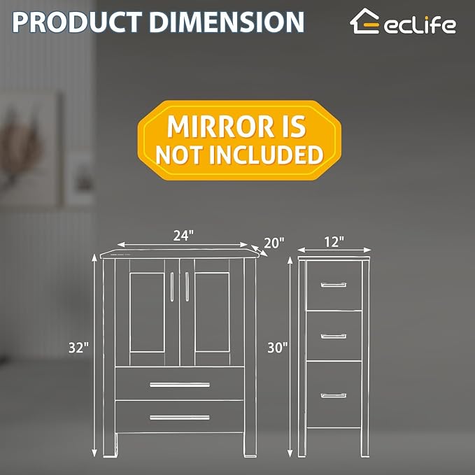 eclife 48" Modern Bathroom Vanity Sink Combo Freestanding Cabinet with Small Side Cabinet, Without Vessel Sink, Faucet, Drain (Gray Vanity Only)