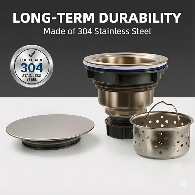 2-Pack 3-1/2 Inch Kitchen Sink Drain Strainer Assembly Kit, with Flat Stopper Cover and Removable Deep Strainer Basket, 304 Brushed Stainless Steel for Easy Replacement