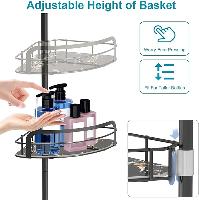 Corner Shower Caddy Tension Pole, Upgraded Adjustable Corner Shower Caddy Organizer with Hooks, 4-Tier Shelf Inside Shower Bathtub Organizers & Storage, Thickend Rustproof Steel, 33 to 116 Inch Height