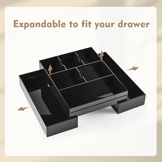 1 Pcs Acrylic Desk Drawer Organizer 2 Inch Height Expandable Drawer Organizer Trays with 8 Adjustable Compartments Desk Accessories for Makeup Silverware Office Bathroom(Black)