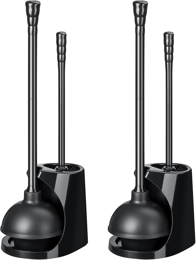 Qaestfy Toilet Plunger and Brush Set for Bathroom Cleaning, 2-in-1 Long Handle Toilet Bowl Brush with Stiff Bristles & Powerful Plunger, Space-Saving Holder (Pack of 2)