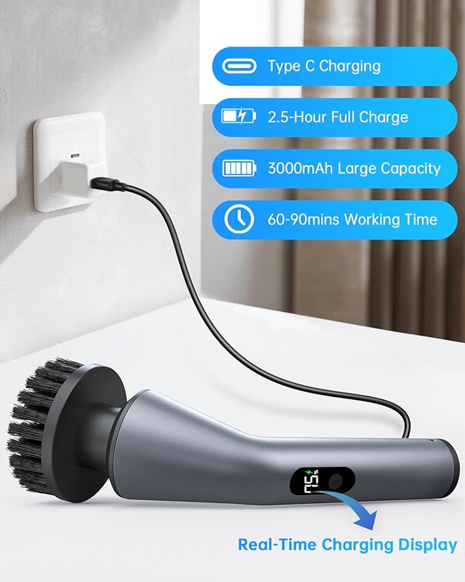 VICNOVA Electric Spin Scrubber, IPX7 Waterproof 2-Speed, Extendable Long Handle Cordless Cleaning Brush with 7 Replacement Brush Heads for Bathroom Car Shower Bathtub Glass Tub Tile Floor