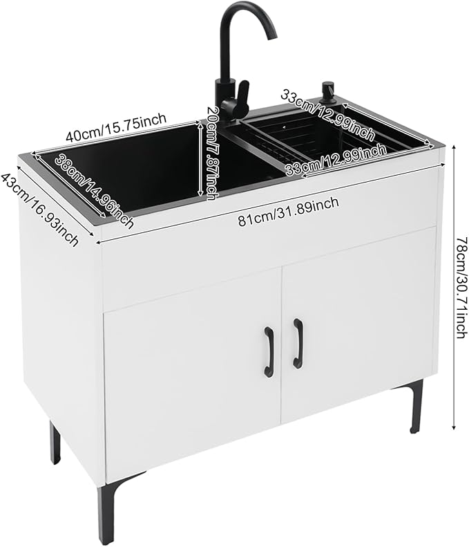 32-Inch Utility Sink Cabinet with 360° Swivel Hot/Cold Faucet, Laundry Sink with Cabinets and Stainless Steel Double Sinks, Freestanding Cabinet with Sink for Laundry&Utility Room, Kitchen, Bathroom