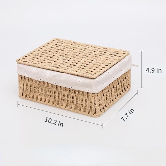 Wicker Shelf Basket with Lid Paper Storage Baskets for Shelves Large Storage Bin with Removable Liner Nesting Decorative Woven Basket for Makeup Closet Organizer (Large, Khaki)