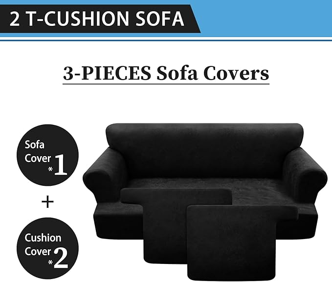 3-Pieces T Cushion Sofa Slipcovers Leather Look Couch Cover for 2 Cushion Couch Furniture Protector Stretch Sofa Cover with 2 Individual T Cushion Seat Covers Washable, Black