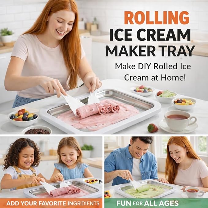 Rolled Ice Cream Maker Kit with 2 Spatulas & Ice Cream Molds – Instant DIY Ice Cream Maker for Homemade Ice Cream Rolls, Frozen Yogurt, Sorbet & Frozen Desserts – Food-Grade Stainless Steel,Family Fun
