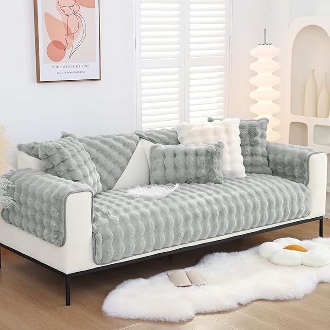 Soft Warm Faux Fur Couch Sofa Cover Thick Shaggy Fuzzy Sectional Couch Cover Non-Slip Solid Color Plush Sofa Slipcover Furniture Protector for Kids, Pets (Light Grey,43"x43")