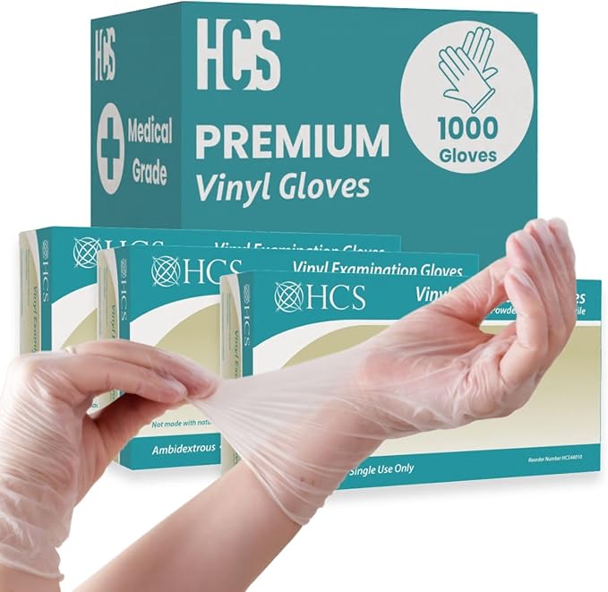 HCS Clear Vinyl Gloves - Disposable, Latex-Free, Powder-Free - Vinyl Disposable Gloves, Cooking, Food Prep, Cleaning, Exam