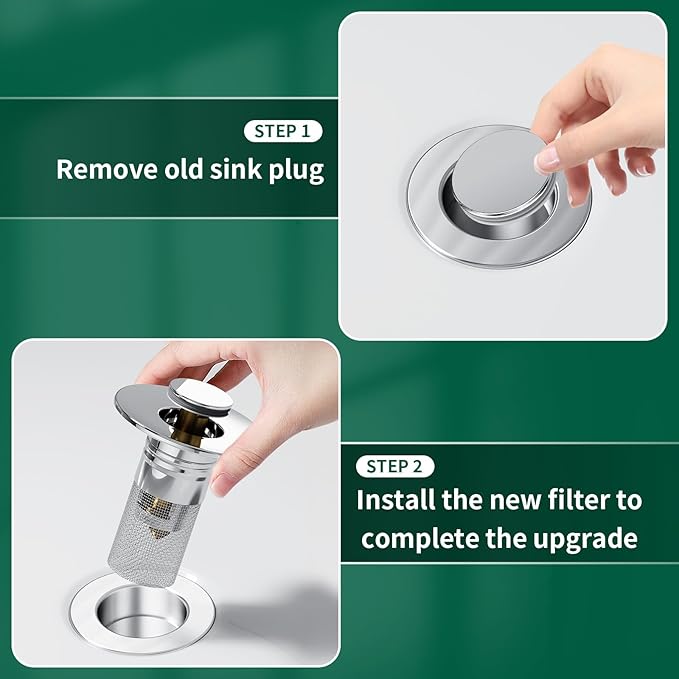3 in 1 Sink Drain Strainer with Hair Catcher,8PCS Stainless Steel Popup Sink Stopper with Basket for Bathroom Kitchen Shower,Pop-up Bounce Core Floor Basin Drain Filter,Replacement Sink Plug