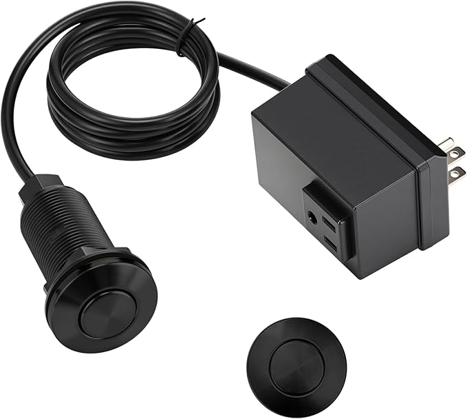 Garbage Disposal Air Switch Kit Wireless Sink Top Garbage Disposal Button Stainless Steel/On/Off Waterproof Button Kit with Long Switch Matte UL Listed(Single Outlet,Black,Short Size)