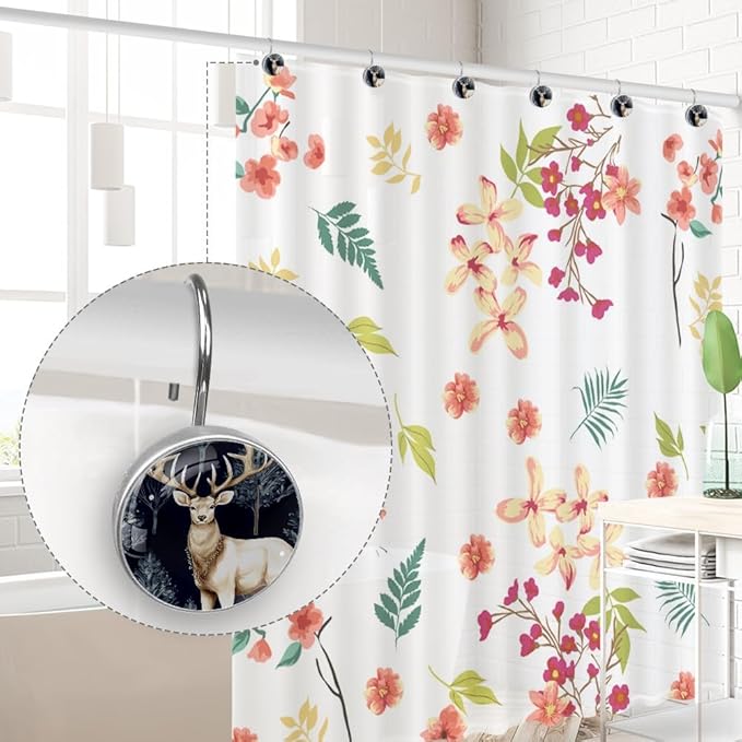 12 Packs Deer Shower Curtain Hooks, Crystal Glass Shower Curtain Rings for Bathroom, Rustproof Metal Decorative Curtain Rod Hooks, Stainless Steel