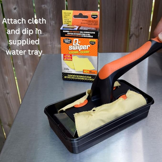 Q-Swiper XL Steam-Clean BBQ Grill Cleaner Set - 1 Long Grill Brush with Scraper, 2 Heat Resistant Kevlar® Steam Clean Cloths, 1 Tray | Bristle Free | Safe Way to Steam away Grill Grease & Grime