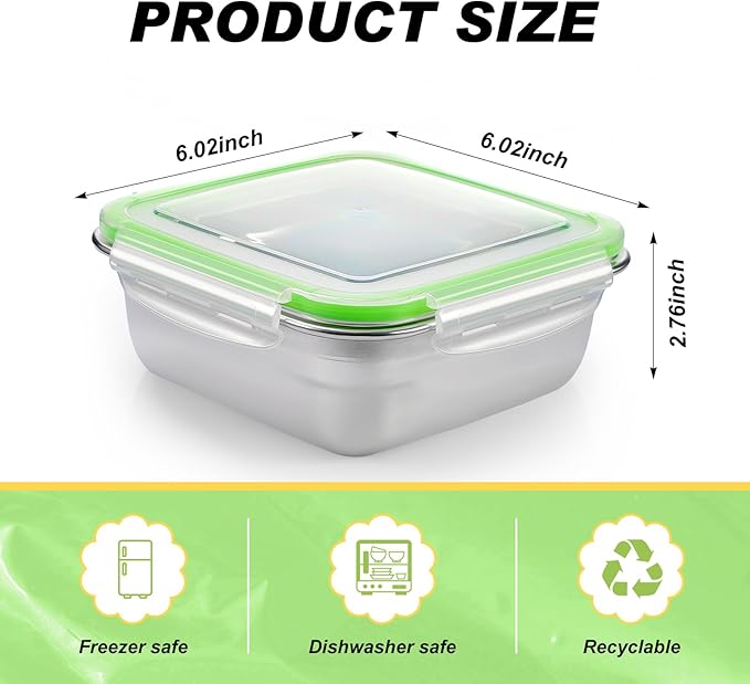 2 Pack Stainless Steel Sandwich Containers with Lids 25. 4 oz Metal Food Container for Lunch Boxes with Airtight Silicone Seal for Sandwiches and Snacks