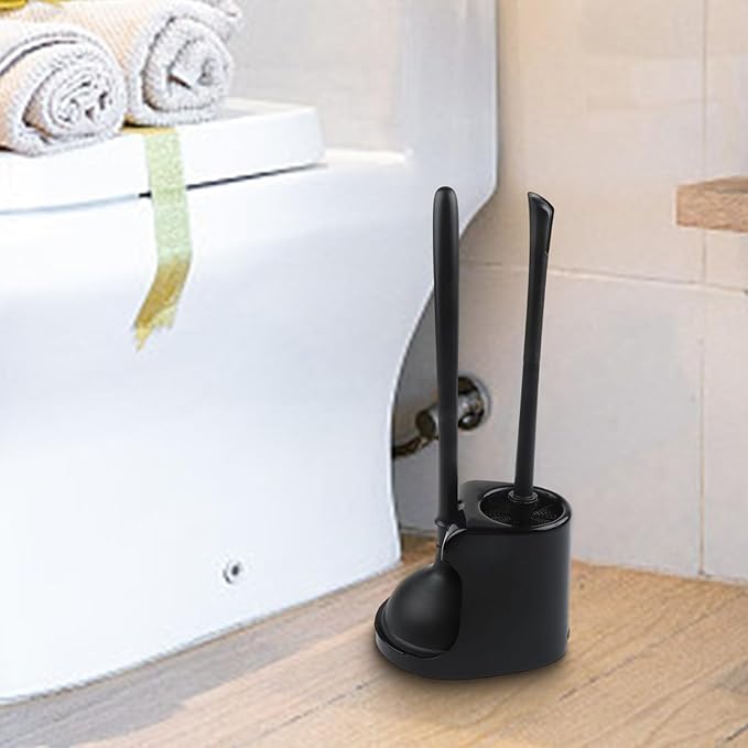 2-in-1 Removable Toilet Plunger and Brush Set with Holder, Heavy Duty Bathroom Cleaning Tools Bowl Scrubbing and Unclogging, Modern Black and White(White)