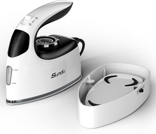Sundu Small Steam Iron for Clothes, 1000W Travel Iron Portable with Silver Non-Stick Soleplate, 300 Microsteam Holes & 90ml Tank, Lockable Base for Quilting & Sewing (Silver)