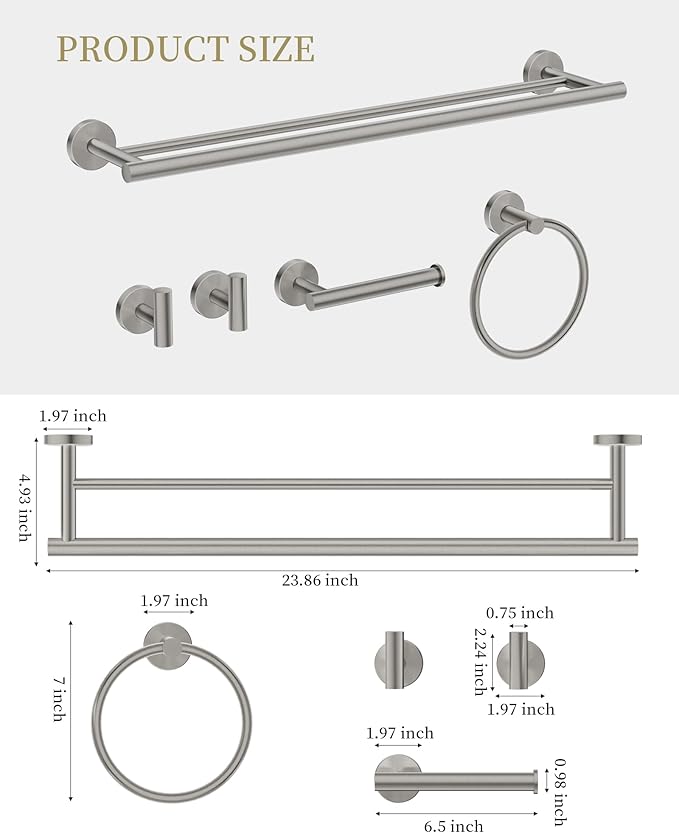 Bathroom Hardware Accessories Set 5 Pieces Brushed Nickel 24" SUS 304 Stainless Steel Bath Double Towel Holder Bar Set Towel Rack Combination Wall Mounted for Kitchen, Laundry, Bedroom