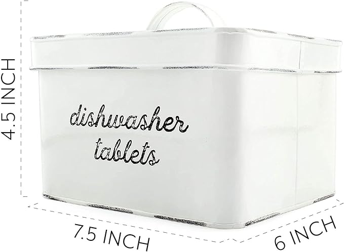 AuldHome Design Dishwasher Pod Holder, Tablet Container; White Enamelware Rustic Kitchen Storage Tin w/Lid