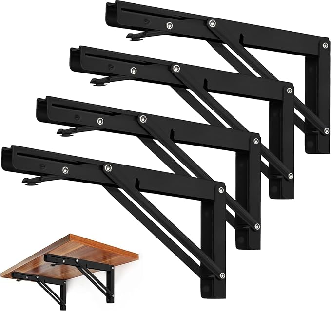 Storystore Folding Shelf Brackets - 10 Inch Heavy Duty Metal Collapsible Shelf Bracket for Bench Table, Shelf Hinge Wall Mounted Space Saving DIY Bracket, Max Load: 150 lb (4 PCS, Black)