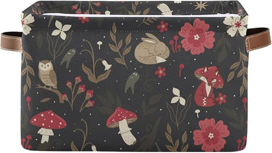 linqin Mushrooms Berries Pattern Rectangle Storage Basket Collapsible Storage Bin for Nursery Books Waterproof Baskets for Closet Shelves Bedroom Decor